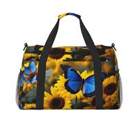 Girasoli gialli con stampa farfalle blu 2 bagaglio a mano per donne uomini borsa a tracolla weekender per yoga viaggio must-have, nero, Taglia unica