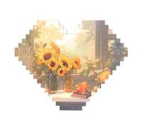 Girasoli sotto il davanzale della finestra Stampa Building Brick Block Puzzle - Puzzle immagine a forma di cuore, immagine puzzle in legno