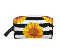 Girasoli su sfondo a strisce bianche e nere. Organizer per cosmetici di grande capacità, borsa da viaggio per il trucco da donna.