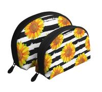 Girasoli Su Sfondo Strisce Bianche E Nere, Borsa per trucco a conchiglia Portamonete da donna Borsa da toilette piccola Borsa per cosmetici 2 pezzi