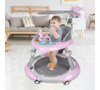 Girello Babywalker 3 in 1 Carrello di risveglio e camminata Girellino, funzione basculante Lettino con ruote, musica, parco giochi Tavolo da pranzo Girello pieghevole (rosa)