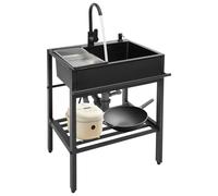 Girevole a 360°, grande dimensione del bacino, lavello indipendente, in acciaio inox, per cucina, lavello da incasso, rubinetto con cestello, autoportante, piedini regolabili, nero