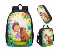 Girl Capybara - Zaino da 43 cm, 3 pezzi, con borsa per la scuola per bambini, con portapranzo e astuccio, stampa floreale da giardino, 01, L, Minimalista