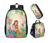 Girl Capybara - Zaino da 43 cm, 3 pezzi, con borsa per la scuola per bambini, con portapranzo e astuccio, stampa floreale da giardino, 04, L, Minimalista