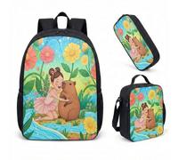 Girl Capybara - Zaino da 43 cm, 3 pezzi, con borsa per la scuola per bambini, con portapranzo e astuccio, stampa floreale da giardino, 03, L, Minimalista