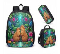 Girl Capybara - Zaino da 43 cm, 3 pezzi, con borsa per la scuola per bambini, con portapranzo e astuccio, stampa floreale da giardino, 09, L, Minimalista