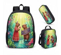 Girl Capybara - Zaino da 43 cm, 3 pezzi, con borsa per la scuola per bambini, con portapranzo e astuccio, stampa floreale da giardino, 07, L, Minimalista