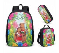 Girl Capybara - Zaino da 43 cm, 3 pezzi, con borsa per la scuola per bambini, con portapranzo e astuccio, stampa floreale da giardino, 05, L, Minimalista