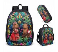 Girl Capybara - Zaino da 43 cm, 3 pezzi, con borsa per la scuola per bambini, con portapranzo e astuccio, stampa floreale da giardino, 06, L, Minimalista