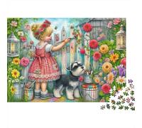Girl & Schnauzer Puzzle per Adultoi 1000 Pezzi Recyclable Flower Fence Senior Puzzles Molto Difficile Impegnativa Allentare La Demenza Senile Activity 70x50cm/1000pcs