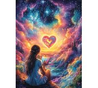 Girl with A Heart in A Cosmic Sky Puzzle 500 Pezzi Difficoltà Estrema Cartone Spesso Tema Monocromatico Science Fiction Magical Dream Per Appassionati Di Puzzle Antistrappo Non Sbiadisce Top Vendita