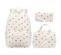Girls Backpack - Corduroy 3-Piece Bags Set, Strawberry Pattern Bookbag with Lunch Box & Pencil Case | Cute Knapsack for School, College, Travel, Hiking, Camping, Outdoor Activities & Day Trips, White