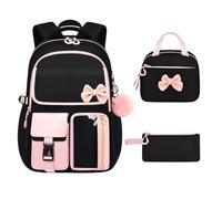 Girls Backpack Lunch Box Set - 3 Piece Cute School Bag With Bow Design