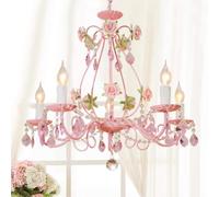 Girls Bedroom Pink Candle Chandelier with Crystals Floral Flower Ceiling Pendant Light Large Princess Hanging Lamp for Nursery Bathroom Dining Room Foyer Entryway