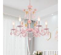 Girls Bedroom Pink Candle Chandelier with Crystals Floral Flower Ceiling Pendant Light Large Princess Hanging Lamp for Nursery Bathroom Dining Room Foyer Entryway