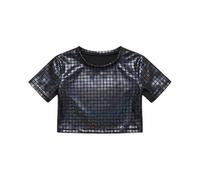 Girls' Carnival Sequined Top - Top Corto A Maniche Corte con Glitter A Griglia per Ragazze per Spettacoli Teatrali E Abbigliamento Casual (Black 9-10 Years)