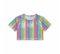 Girls' Carnival Sequined Top - Top Corto A Maniche Corte con Glitter A Griglia per Ragazze per Spettacoli Teatrali E Abbigliamento Casual (Multicolour 9-10 Years)