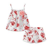 Girls Casual Cotton T-Shirt + Shorts Set Summer Floral Sling Tops and Short 2 Piece Set Red 5t