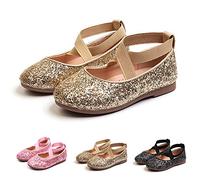 Girls Glitter Princess Flats Soft Double Elastic Strap Ballet Jazz Shoes Kids Sparkly Sequin Flower Dress Sandals Mary Jane Shoes Youth Party Wedding Birthday Pumps