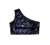 Girls Sequin Cut Crop Top Shimmering Square Pattern Stage Performance Tee (Black-B, 15-18 Years)