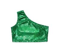 Girls Sequin Cut Crop Top Shimmering Square Pattern Stage Performance Tee (Green #2, 15-18 Years)