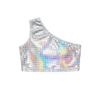 Girls Sequin Cut Crop Top Shimmering Square Pattern Stage Performance Tee (White-BA, 15-18 Years)