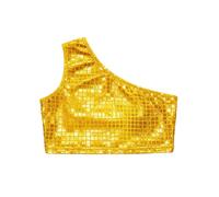 Girls Sequin Cut Crop Top Shimmering Square Pattern Stage Performance Tee (Yellow-B, 15-18 Years)