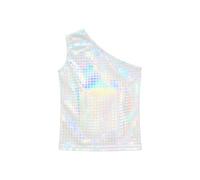 Girls Sequin Plaid Shiny Shoulder Tank Performance Shirt (White #6, 7-10 Years)