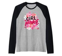 Girls T Shirt, Strong Women's Day March, Floral Girl Power Maglia con Maniche Raglan