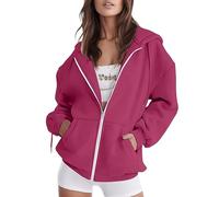 girocollo felpe donna tasca felpa abbigliamento casual cerniera pista giacca tinta unita manica lunga top felpa con cappuccio per le donne, Rosa acceso, XXL