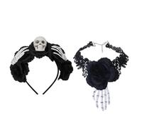 Girocollo Goth Girocollo Di Pizzo Nero Con Rosa Con Teschio A Tema | Set Fascia Capelli Con Girocollo Alla Vampiro Per Il Giorno Dei Morti E Il Ballo Di Fine Anno