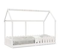 Giroletto Kids House Bed White 90x200 cm Solid Pine Wood Low Floor Frame with Railings for Toddlers Safety, Open Roof Design for DIY Curtain Canopy, Floor Bed for Children Playroom Guestroom