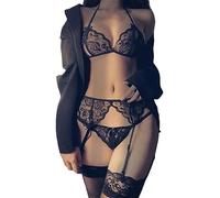 Girspov Sexy Lingerie Set per Le Donne delle Donne 4 Pezzi Reggiseno Panties Set con Pizzo Sospensione Garter Cintura/Reggiseno/Mutandina/Coscia Calze Alte Sleepwear Pigiami (Nero)