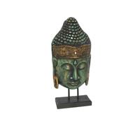 Gissed Testa di Buddha decorativa, verde antico e oro, base in legno, 50 cm, statua di meditazione