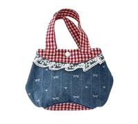 Gissroys Feminine Jeans Borsa a mano con motivo a plaid retrò e decorativo in pizzo, per diverse occasioni, con dettagli in pizzo, Dark Blue Bow