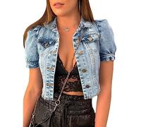 Giubbino Jeans Donna, Giacca Di Jeans A Maniche Corte A Sbuffo Da Donna Azzurro Giacca Di Jeans Strappata Lavata Vintage Con Bottoni E Giacca Di Jeans Cropped Distressed Faded Summer Jean Shrug Jack