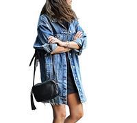 Giubbino Jeans Donna, Giacca di Jeans da Donna Moda Blu Giacca Abbottonata A Maniche Lunghe Strappata Strappata Vintage Lavaggio Lungo in Denim Sbiadito Cappotto Primaverile Transizione Casual Allen