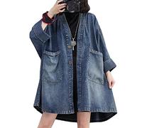 Giubbino Jeans Donna, Giacca di Jeans Lunga da Donna Taglie Forti Blu Vintage Giacca Abbottonata A Maniche Lunghe Cappotto di Jeans con Scollo A V Sbiadito Giacca Primaverile Transizione Capispalla
