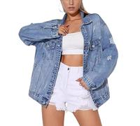 Giubbino Jeans Donna, Giacca Di Jeans Oversize Da Donna Blu Vintage Strappato A Maniche Lunghe Bottone Fidanzato Giacca Di Jeans Moda Allentato Trucker Cappotto Di Jeans Autunno Transizione Casual O