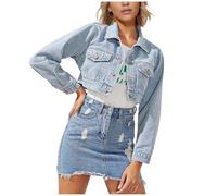 Giubbino Jeans Donna- Giacchetto Denim Donna- Giacca Da Donna Oversized Button Up Frayed Hem Shacket a Maniche Lunghe Tasche Denim Jean Jacket Giacca Sportiva Donna Giacca Elegante Donna Blouson Denim
