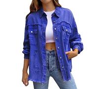 Giubbino Jeans Donna- Giacchetto Denim Donna- Giacca da Donna Oversized Button Up Frayed Hem Shacket a Maniche Lunghe Tasche Denim Jean Jacket Giubbino Donna Primaverile Giacche da Moto Blouson Denim