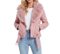 Giubbotto Bomber In Finta Pelle Scamosciata Da Donna Moda Autunnale | Con Collo In Pelliccia Sintetica Staccabile, Cintura Regolabile, Cerniera In Metallo Resistente, Manica Lunga