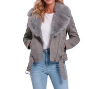 Giubbotto Bomber In Finta Pelle Scamosciata Da Donna Moda Autunnale | Con Collo In Pelliccia Sintetica Staccabile, Cintura Regolabile, Cerniera In Metallo Resistente, Manica Lunga