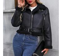 Giubbotto da donna con collo in sherpa, stile bomber, aviator, corto, giacca casual per autunno inoltrato, con tasche, zip, spalle a cascata, colletto, vestibilità regular, a blocchi di colore nero, g