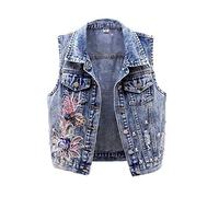 Giubbotto Jeans Donna, Gilet Di Jeans Da Donna Giacca Vintage Blu Con Perline Di Fiori Stereo Senza Maniche Impreziosito Giacca Con Bottoni Giacca Gilet Di Jeans Strappato Distressed Capispalla In D
