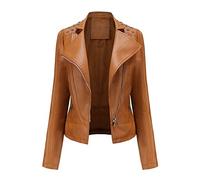 Giubbotto Pelle Donna,Giacca In Ecopelle Da Donna Cammello Risvolto Zip Tasche Laterali Spalla Perline Vintage Manica Lunga Corta Slim Fit Moto Biker Pu Cappotto Bomber Moto Outwear Primavera Autunn