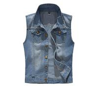 Giubbotto Smanicato Denim Uomo, Retro, Strappato, Jeans Gilet, Giacca, Panciotto della Maglia Azzurro Chiaro S