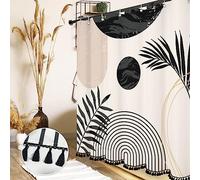GiuMsi Set di tende da doccia in stile bohémien con foglie di metà secolo, design ad arco e sole, motivo minimalista con foglie, tessuto impermeabile e lussuoso, 12 ganci (nero e bianco, 182,9 x 182,9