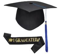 GIUSOBG Cappello Laurea Unisex 24cm Tocco Laurea Regolabile, Set di Bachelor Hat per la Cerimonia con 32cm Nappe e Cinturini per 80cm, Diploma Hat per Cerimonie (Nappe Blu)