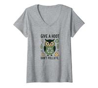 Give a Hoot Don't Pollute Ecologico Gufo Maglietta con Collo a V, Donna, Grigio Melange, M